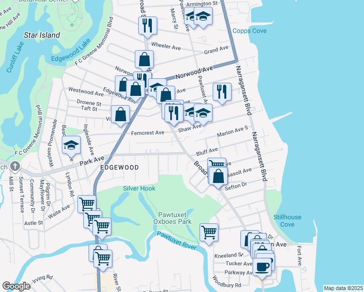 map of restaurants, bars, coffee shops, grocery stores, and more near 1912 Broad Street in Cranston