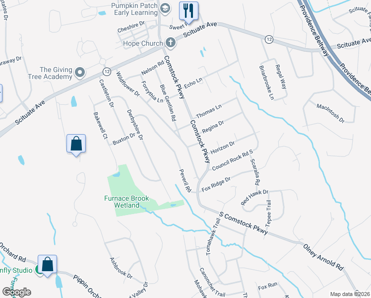 map of restaurants, bars, coffee shops, grocery stores, and more near 220 Wildflower Drive in Cranston
