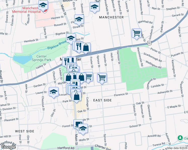 map of restaurants, bars, coffee shops, grocery stores, and more near 87 Foster Street in Manchester