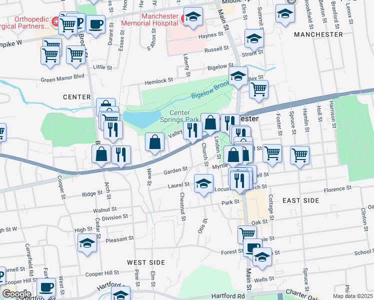 map of restaurants, bars, coffee shops, grocery stores, and more near 180 Center Street in Manchester