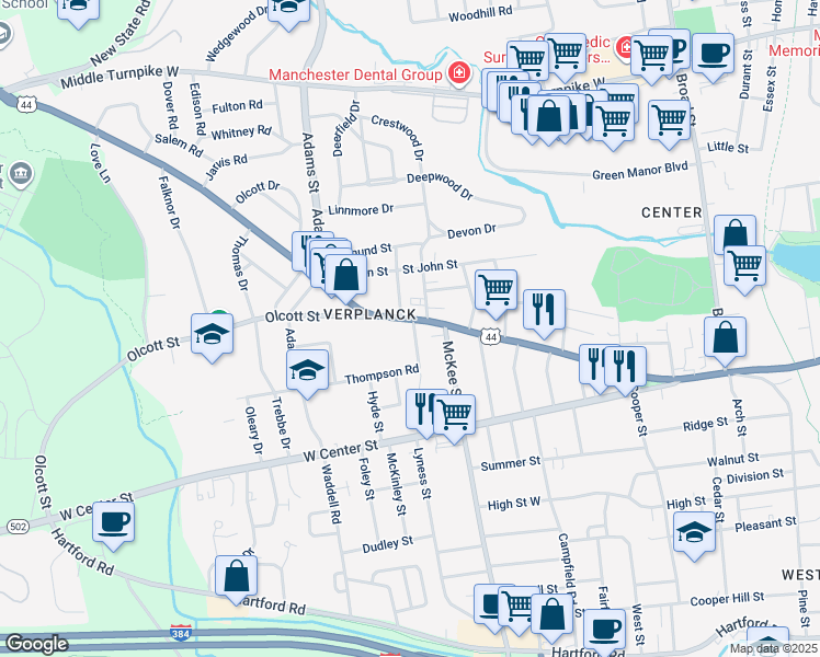 map of restaurants, bars, coffee shops, grocery stores, and more near 45 Thompson Road in Manchester