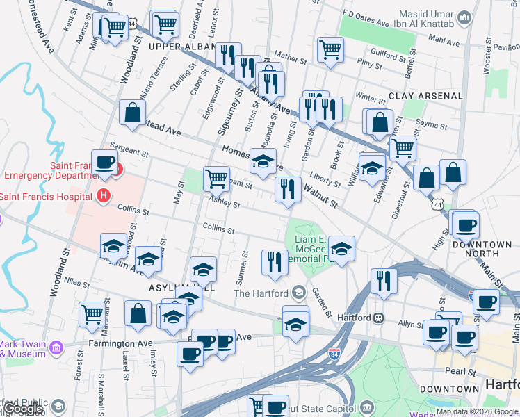 map of restaurants, bars, coffee shops, grocery stores, and more near 29 Ashley Street in Hartford