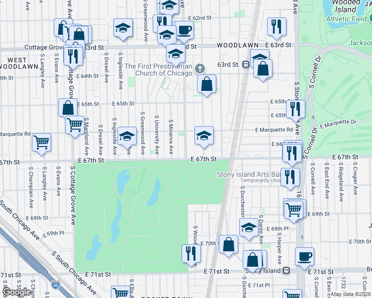 map of restaurants, bars, coffee shops, grocery stores, and more near 6655 South Woodlawn Avenue in Chicago