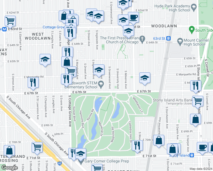 map of restaurants, bars, coffee shops, grocery stores, and more near 1026 East 67th Street in Chicago