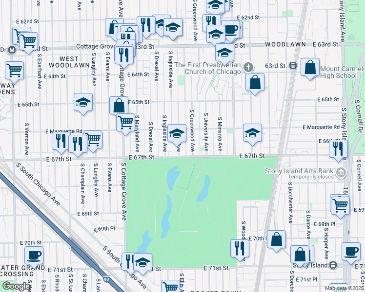 map of restaurants, bars, coffee shops, grocery stores, and more near 1026 East 67th Street in Chicago
