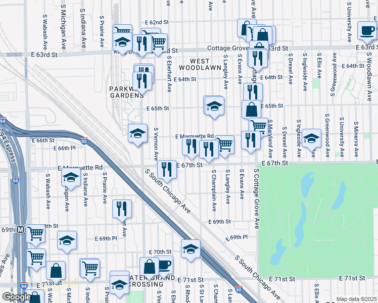 map of restaurants, bars, coffee shops, grocery stores, and more near 6644 South Rhodes Avenue in Chicago
