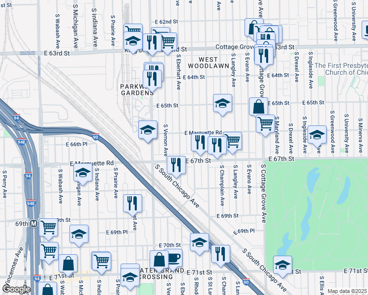 map of restaurants, bars, coffee shops, grocery stores, and more near 6644 South Rhodes Avenue in Chicago