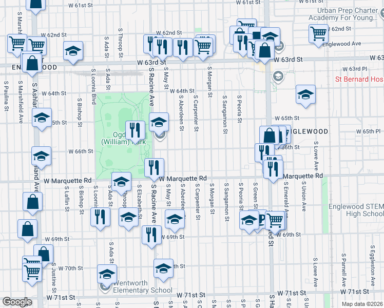 map of restaurants, bars, coffee shops, grocery stores, and more near 6620 South Carpenter Street in Chicago