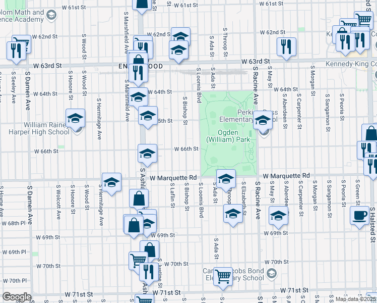 map of restaurants, bars, coffee shops, grocery stores, and more near 6617 South Bishop Street in Chicago