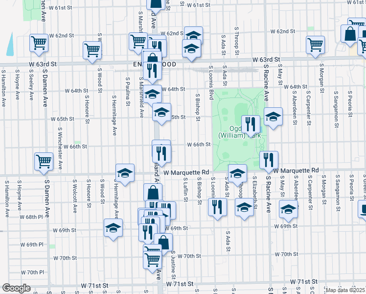 map of restaurants, bars, coffee shops, grocery stores, and more near 6619 South Laflin Street in Chicago