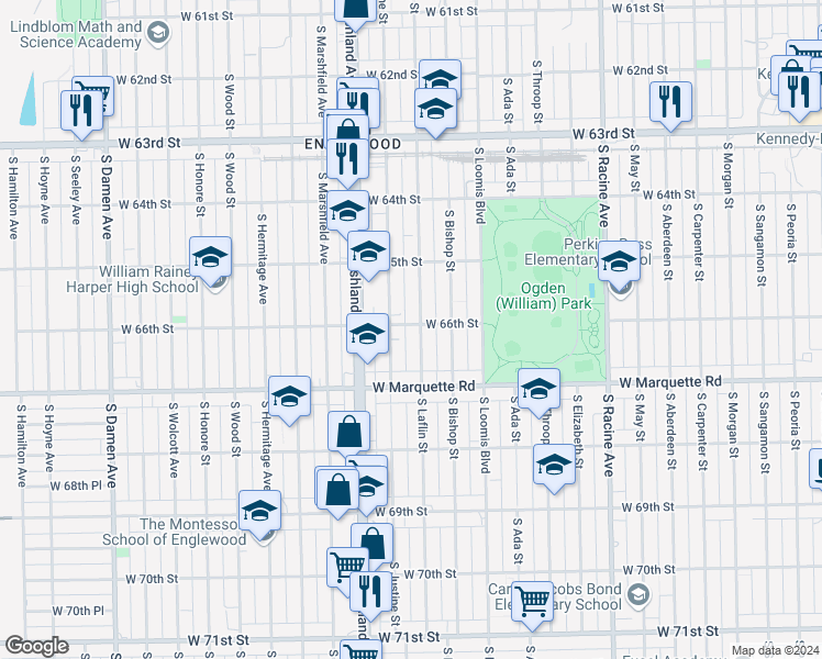 map of restaurants, bars, coffee shops, grocery stores, and more near 6619 South Laflin Street in Chicago