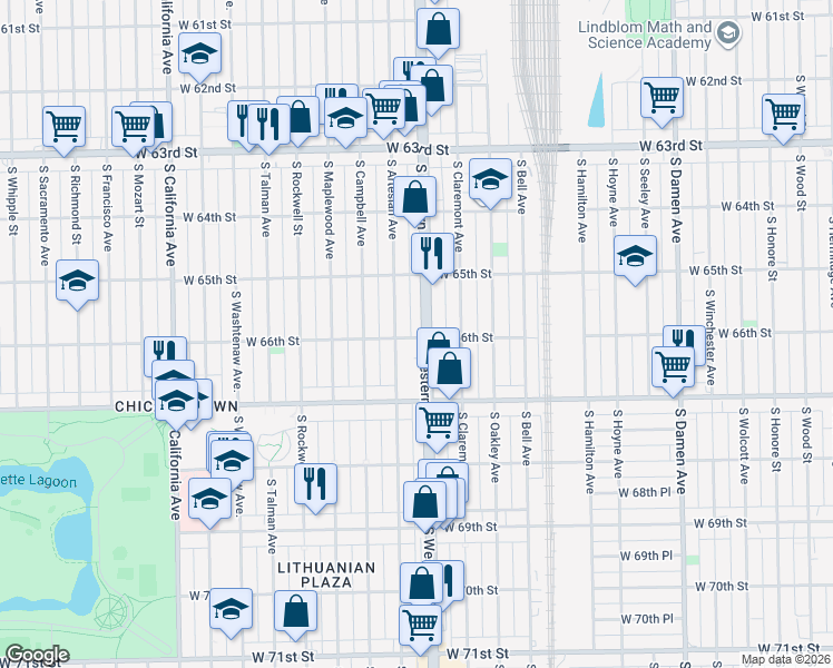 map of restaurants, bars, coffee shops, grocery stores, and more near 6600 South Western Avenue in Chicago