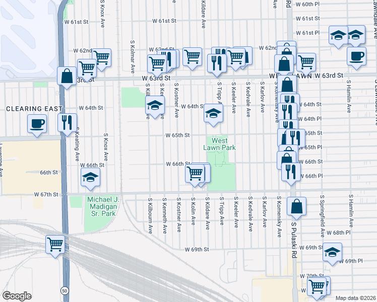 map of restaurants, bars, coffee shops, grocery stores, and more near 6549 South Kostner Avenue in Chicago