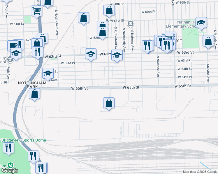 map of restaurants, bars, coffee shops, grocery stores, and more near 8602 Oak Park Avenue in Oak Lawn