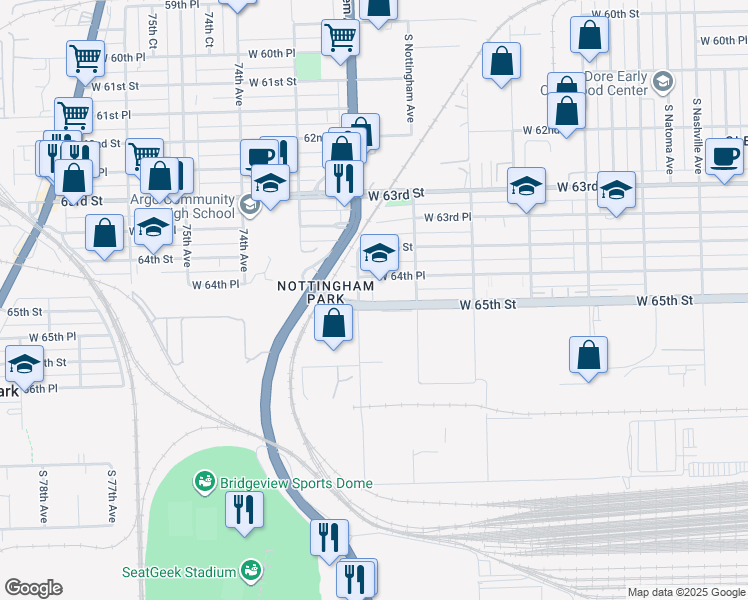 map of restaurants, bars, coffee shops, grocery stores, and more near 7123-7157 W 65th St in Bedford Park