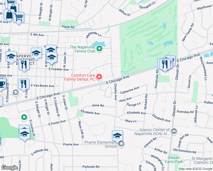 map of restaurants, bars, coffee shops, grocery stores, and more near 1036 Catherine Avenue in Naperville