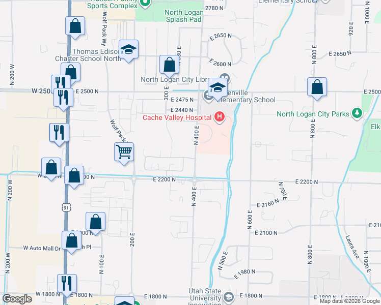 map of restaurants, bars, coffee shops, grocery stores, and more near 385 East 2280 North in North Logan