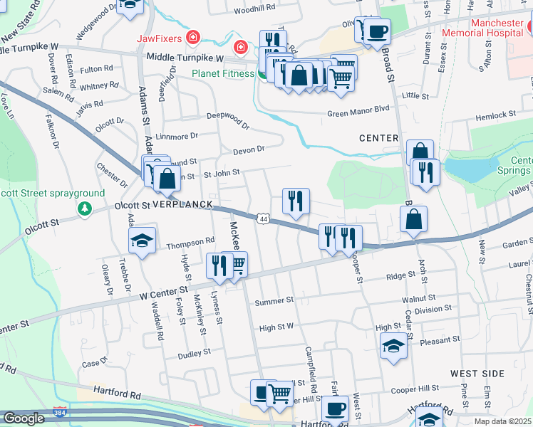 map of restaurants, bars, coffee shops, grocery stores, and more near 509 Center Street in Manchester