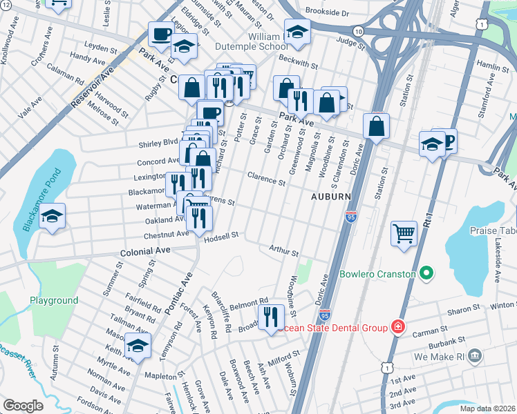 map of restaurants, bars, coffee shops, grocery stores, and more near 144 Laurens Street in Cranston