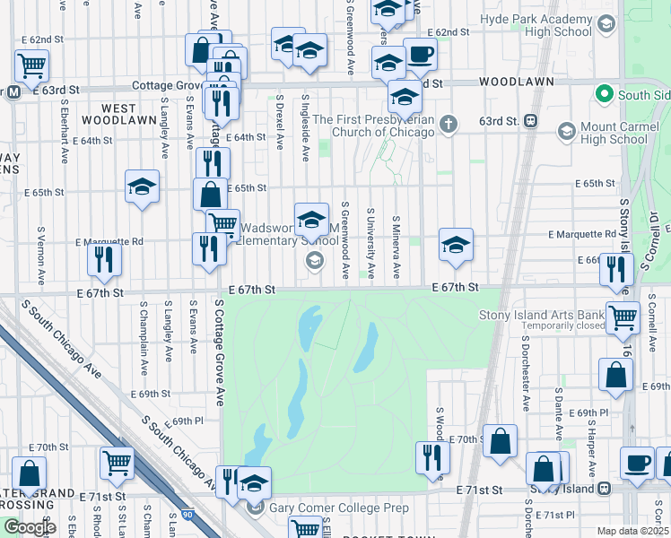 map of restaurants, bars, coffee shops, grocery stores, and more near 1026 East 67th Street in Chicago