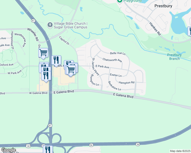 map of restaurants, bars, coffee shops, grocery stores, and more near 175 Brompton Lane in Sugar Grove