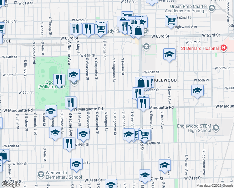 map of restaurants, bars, coffee shops, grocery stores, and more near 6623 South Sangamon Street in Chicago