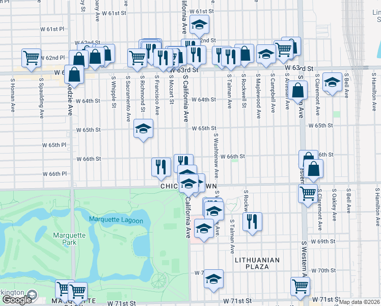 map of restaurants, bars, coffee shops, grocery stores, and more near 6551 South California Avenue in Chicago