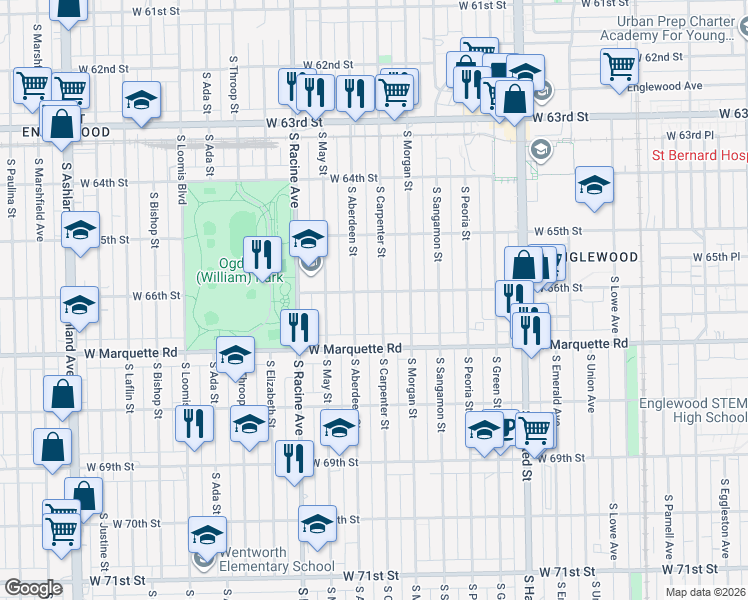 map of restaurants, bars, coffee shops, grocery stores, and more near 6620 South Carpenter Street in Chicago