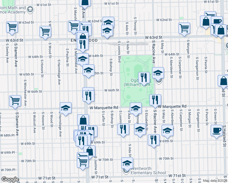map of restaurants, bars, coffee shops, grocery stores, and more near 6601 South Bishop Street in Chicago