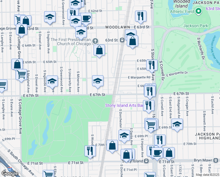 map of restaurants, bars, coffee shops, grocery stores, and more near 6639 South Kenwood Avenue in Chicago