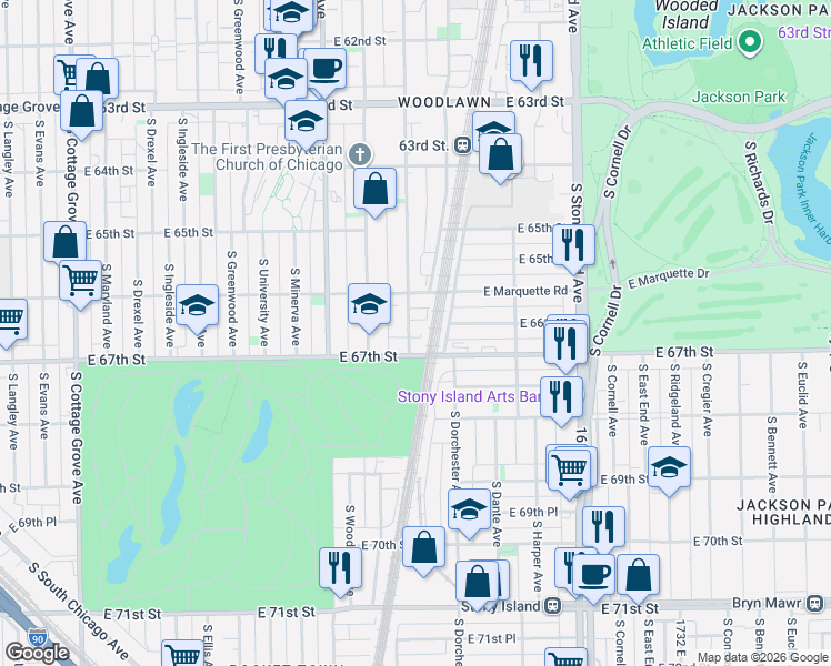 map of restaurants, bars, coffee shops, grocery stores, and more near 6639 South Kenwood Avenue in Chicago