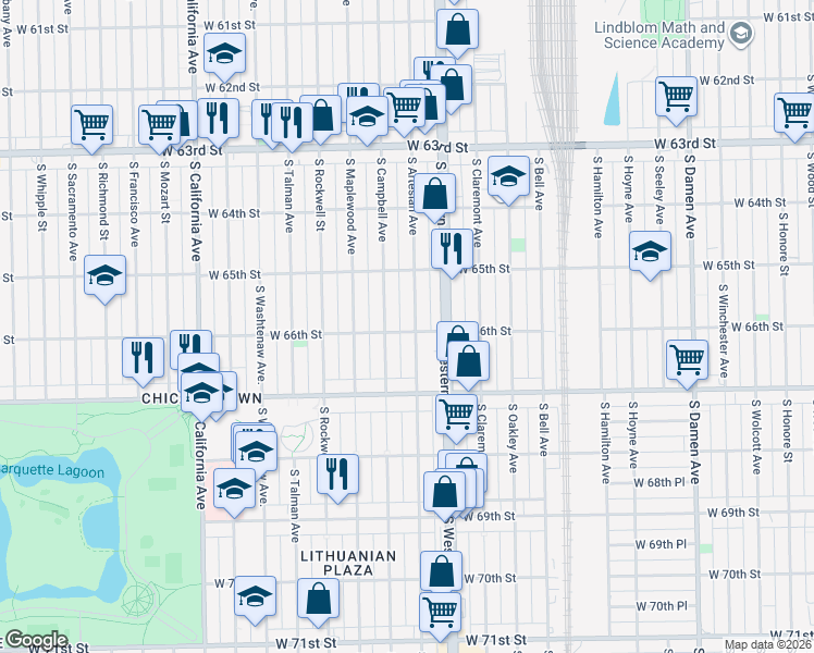 map of restaurants, bars, coffee shops, grocery stores, and more near 6554 South Artesian Avenue in Chicago