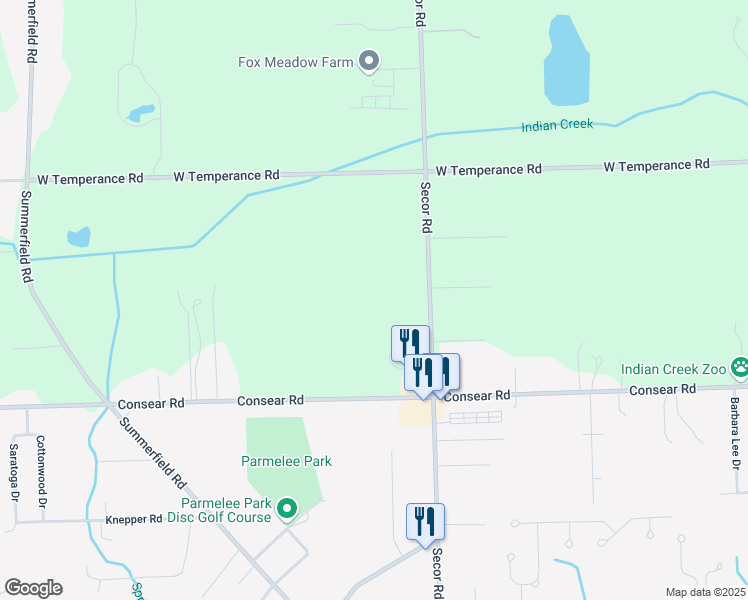map of restaurants, bars, coffee shops, grocery stores, and more near 8665 Secor Road in Lambertville