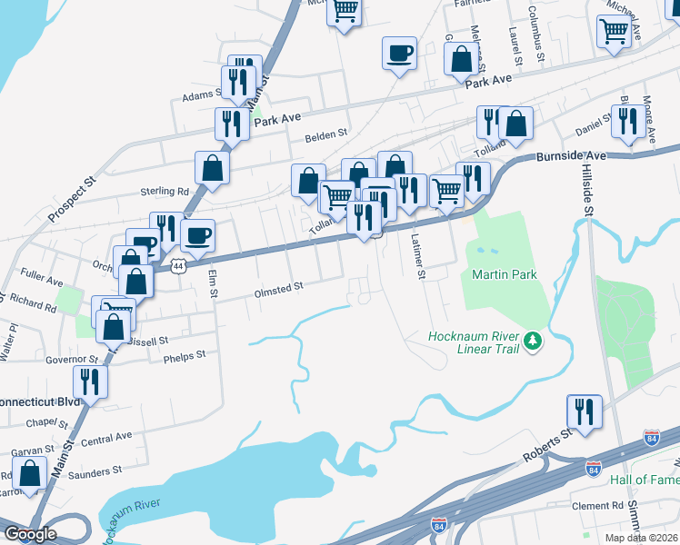 map of restaurants, bars, coffee shops, grocery stores, and more near 126 Olmsted Street in East Hartford