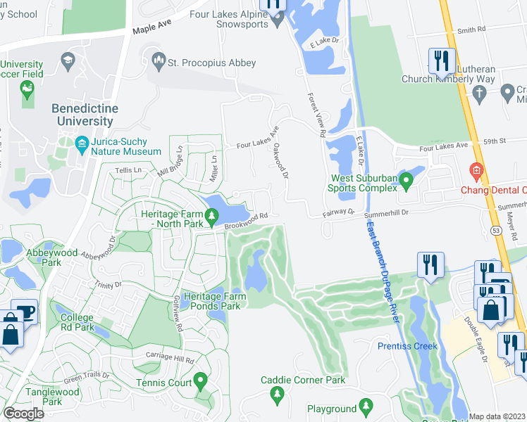 map of restaurants, bars, coffee shops, grocery stores, and more near 1745 Brookwood Road in Lisle