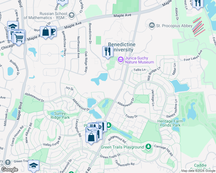 map of restaurants, bars, coffee shops, grocery stores, and more near 2372 Abbeywood Drive in Lisle