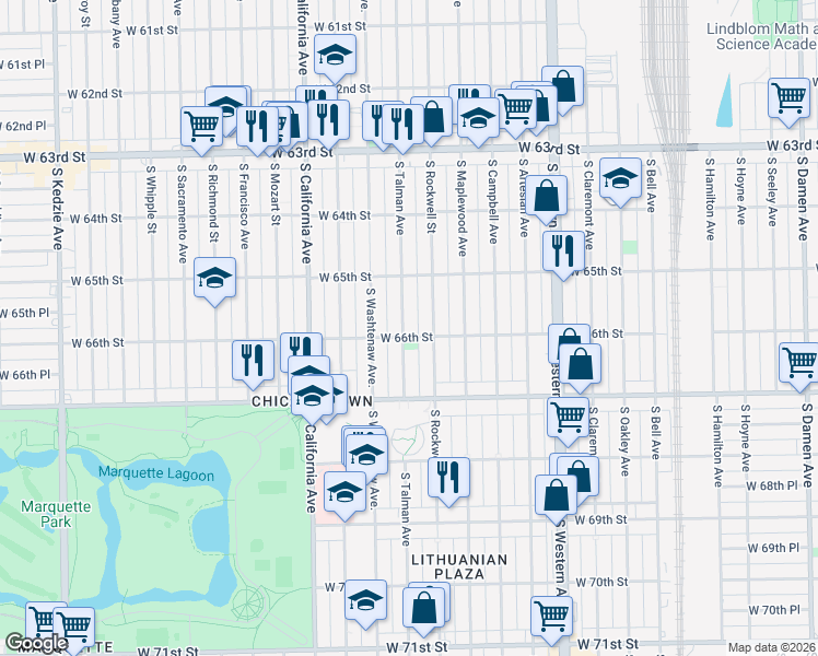 map of restaurants, bars, coffee shops, grocery stores, and more near 6555 South Talman Avenue in Chicago
