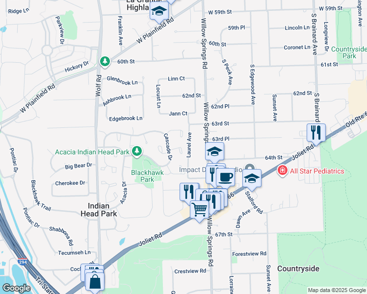 map of restaurants, bars, coffee shops, grocery stores, and more near 25 Deercrest Square in Indian Head Park
