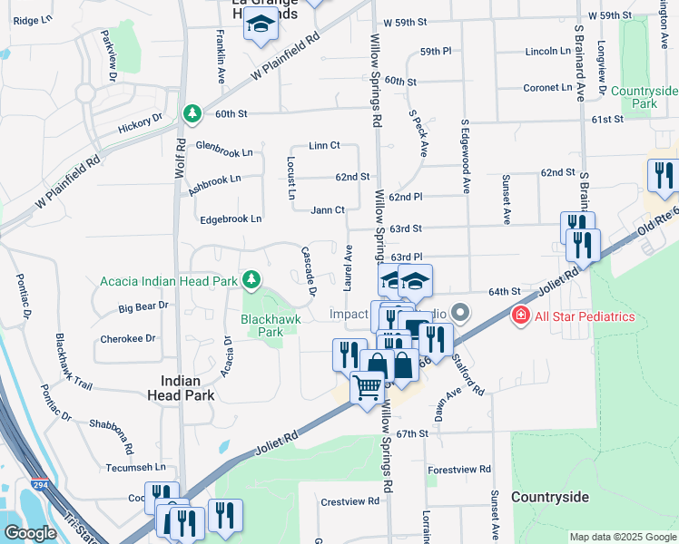 map of restaurants, bars, coffee shops, grocery stores, and more near 25 Deercrest Square in Indian Head Park