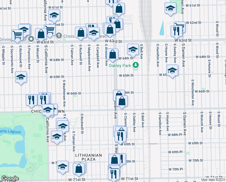 map of restaurants, bars, coffee shops, grocery stores, and more near 6600 South Western Avenue in Chicago