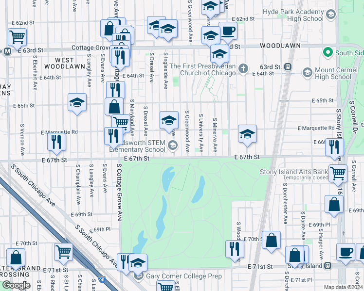 map of restaurants, bars, coffee shops, grocery stores, and more near 1026 East 67th Street in Chicago