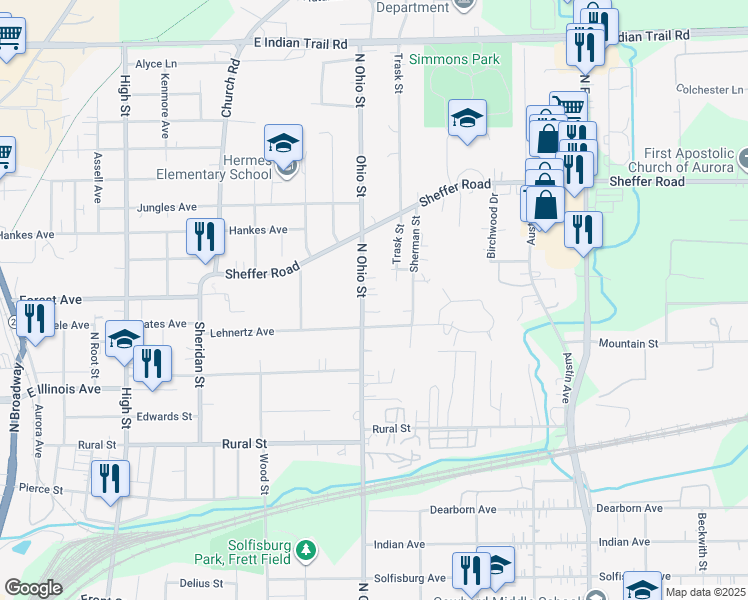 map of restaurants, bars, coffee shops, grocery stores, and more near 755 North Ohio Street in Aurora