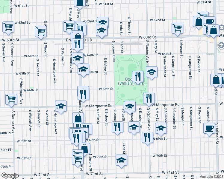 map of restaurants, bars, coffee shops, grocery stores, and more near 1413 West 66th Street in Chicago