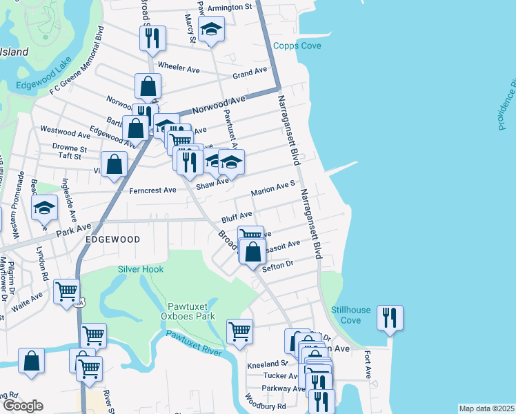map of restaurants, bars, coffee shops, grocery stores, and more near 120 Bluff Avenue in Cranston