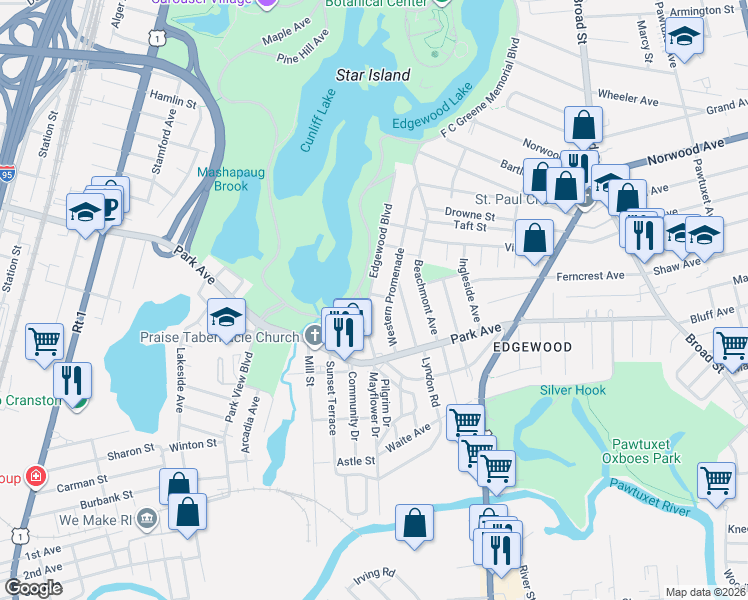 map of restaurants, bars, coffee shops, grocery stores, and more near 40 Haddon Hill Road in Cranston