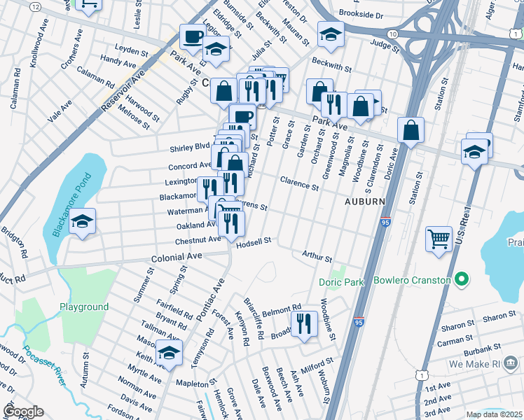 map of restaurants, bars, coffee shops, grocery stores, and more near 228 Grace Street in Cranston
