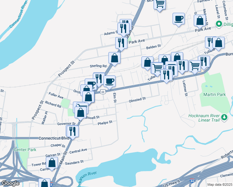 map of restaurants, bars, coffee shops, grocery stores, and more near 20 Elm Street in East Hartford