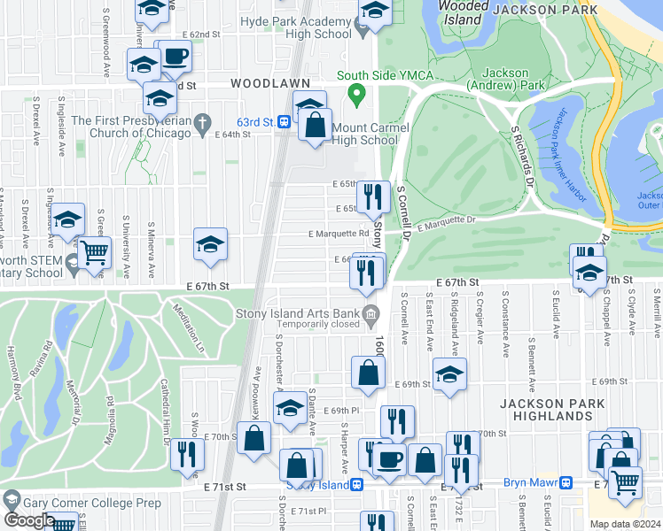 map of restaurants, bars, coffee shops, grocery stores, and more near 1510 East 67th Street in Chicago