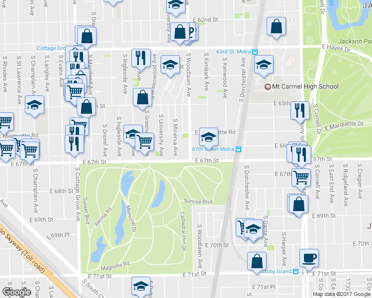 map of restaurants, bars, coffee shops, grocery stores, and more near 6653 South Minerva Avenue in Chicago