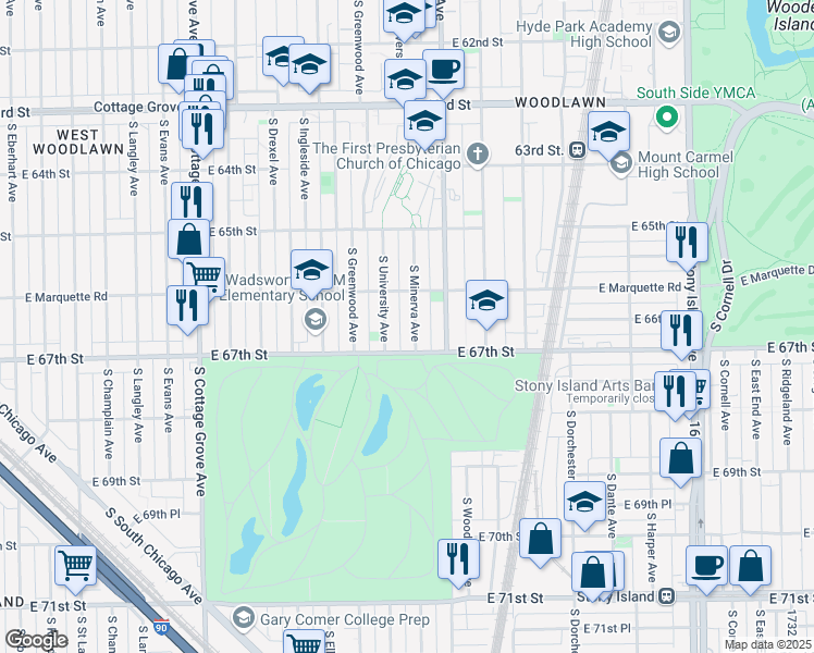 map of restaurants, bars, coffee shops, grocery stores, and more near 6653 South Minerva Avenue in Chicago